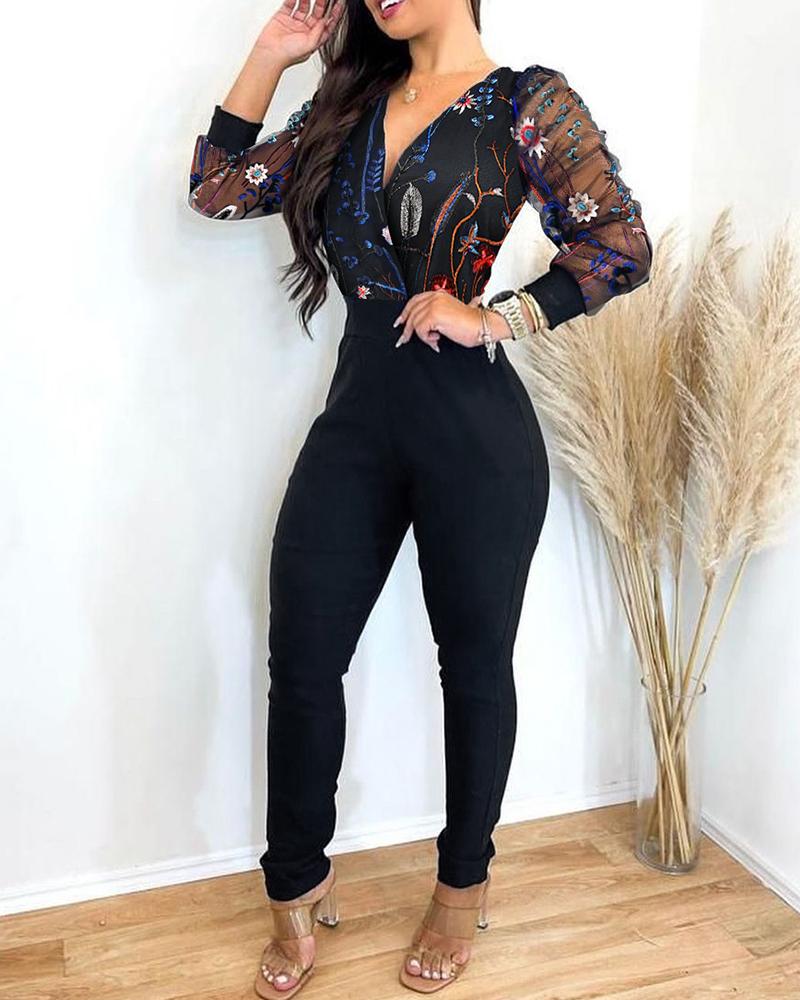 

Sheer Mesh Floral Embroidery Lantern Sleeve Jumpsuit, Black