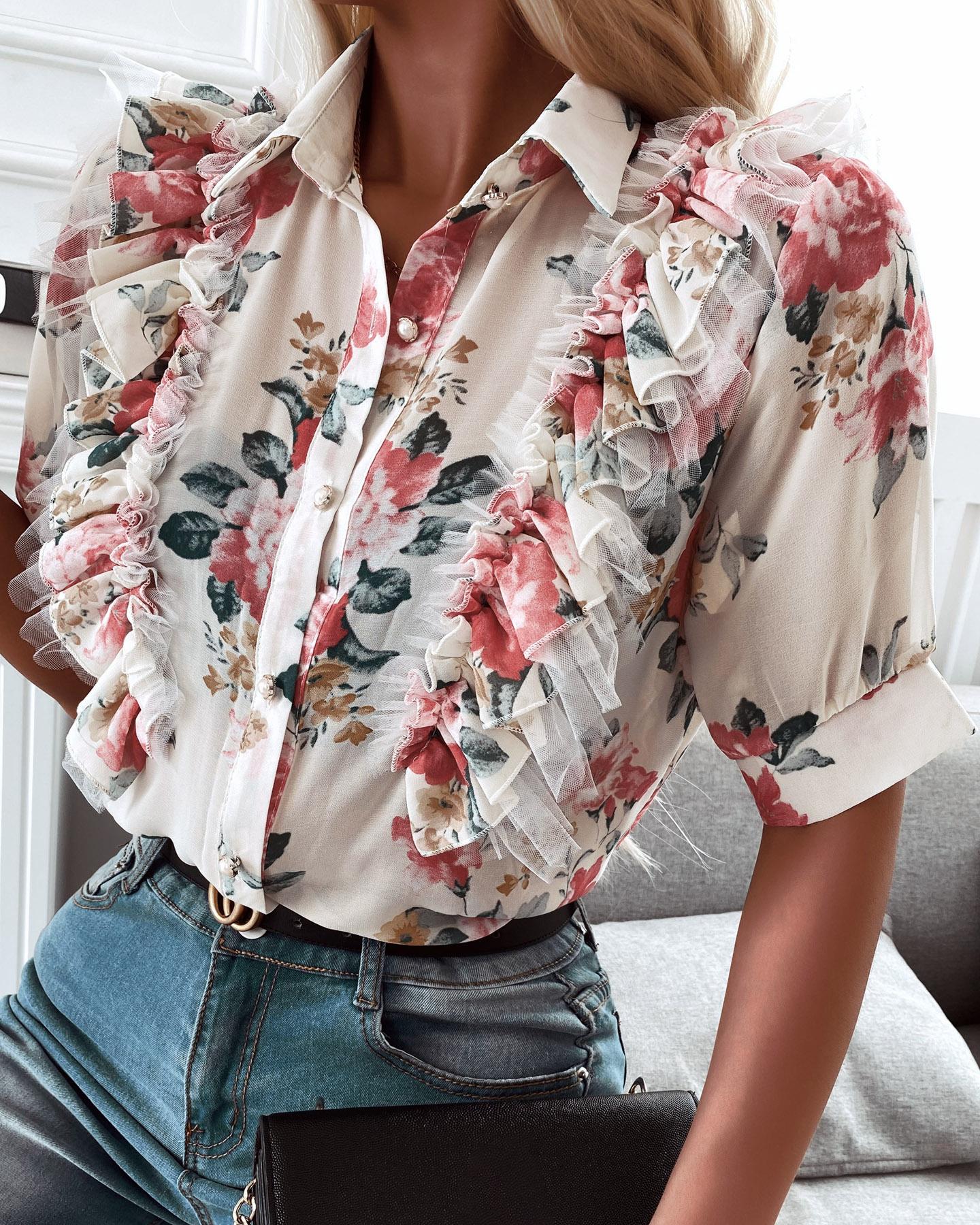 

Floral Print Mesh Patch Ruffles Frill Hem Top, White
