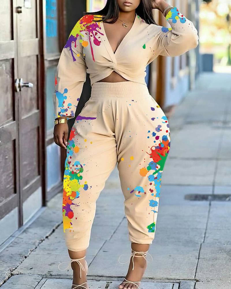 

Ink Splash Print Twisted Top & High Waist Sweatpants Set, Beige