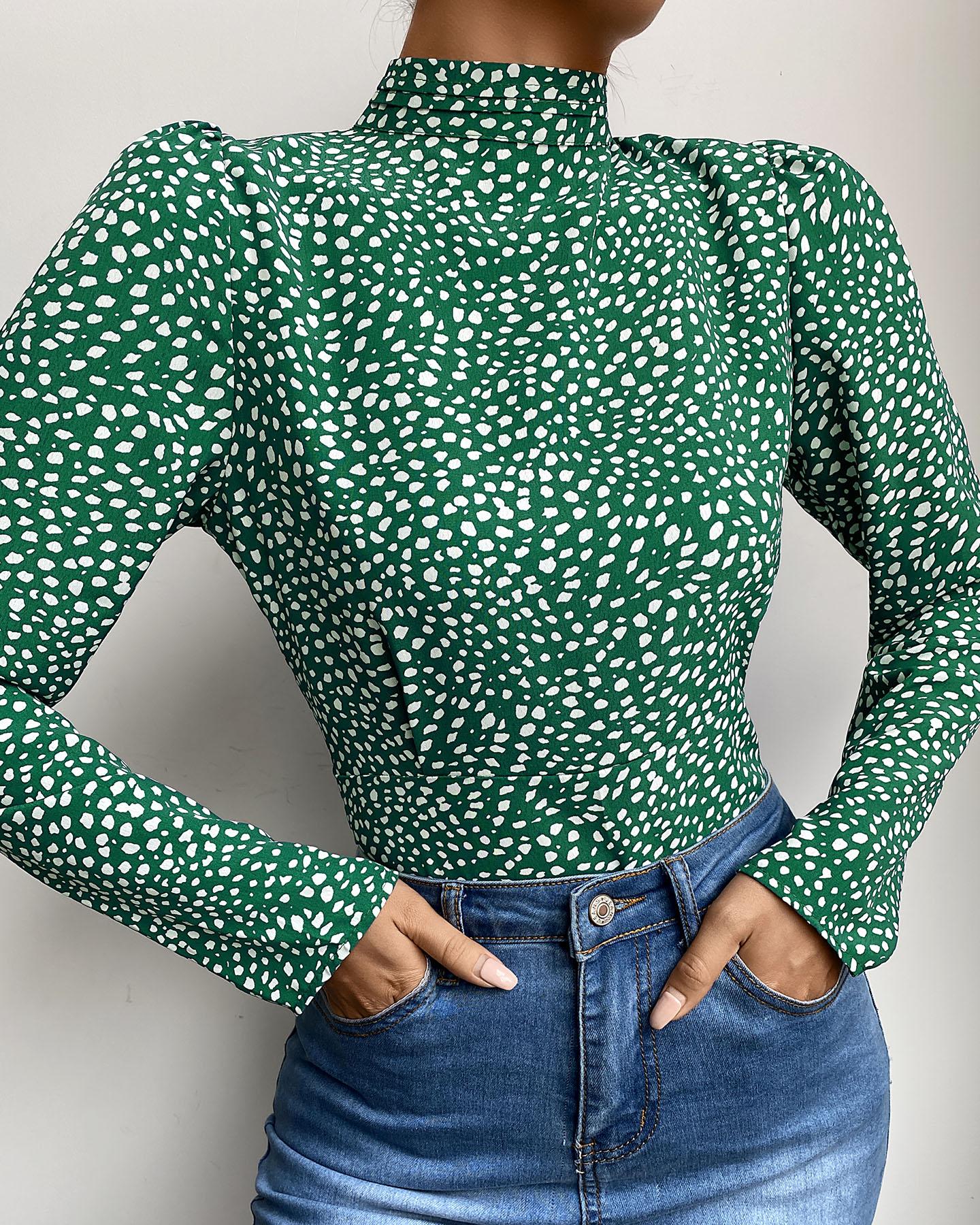 

Dot Pattern Print Bowknot Backless Puff Sleeve Top, Green