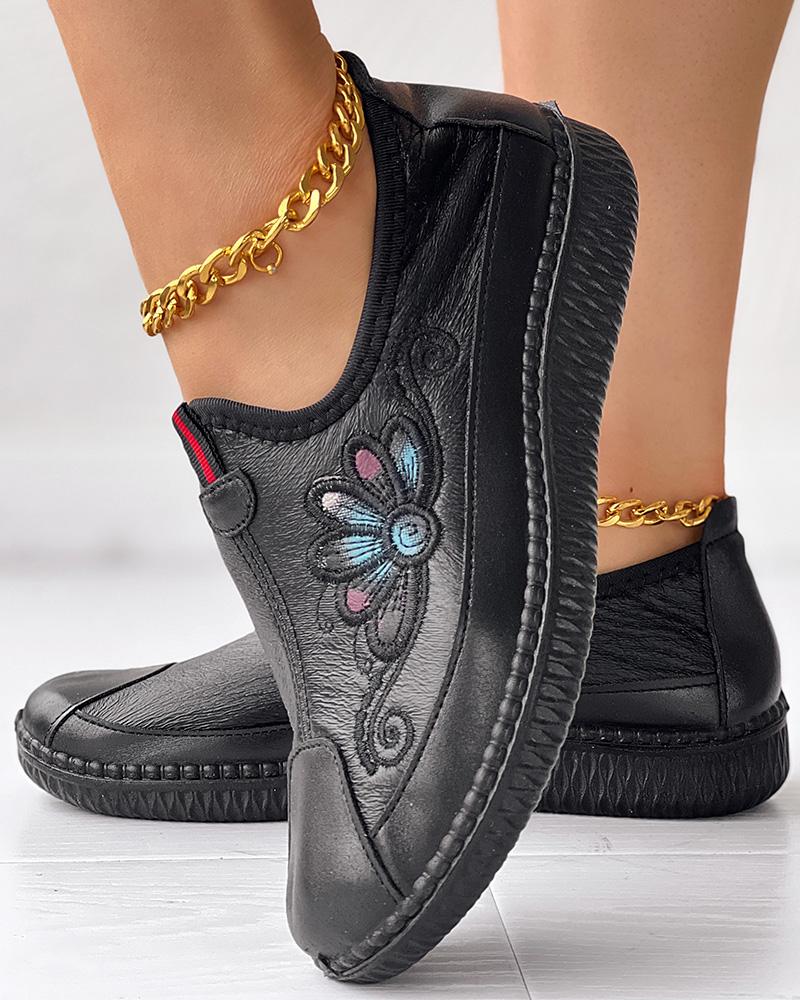 

Vintage Floral Embroidery Slip On Casual Loafers, Black