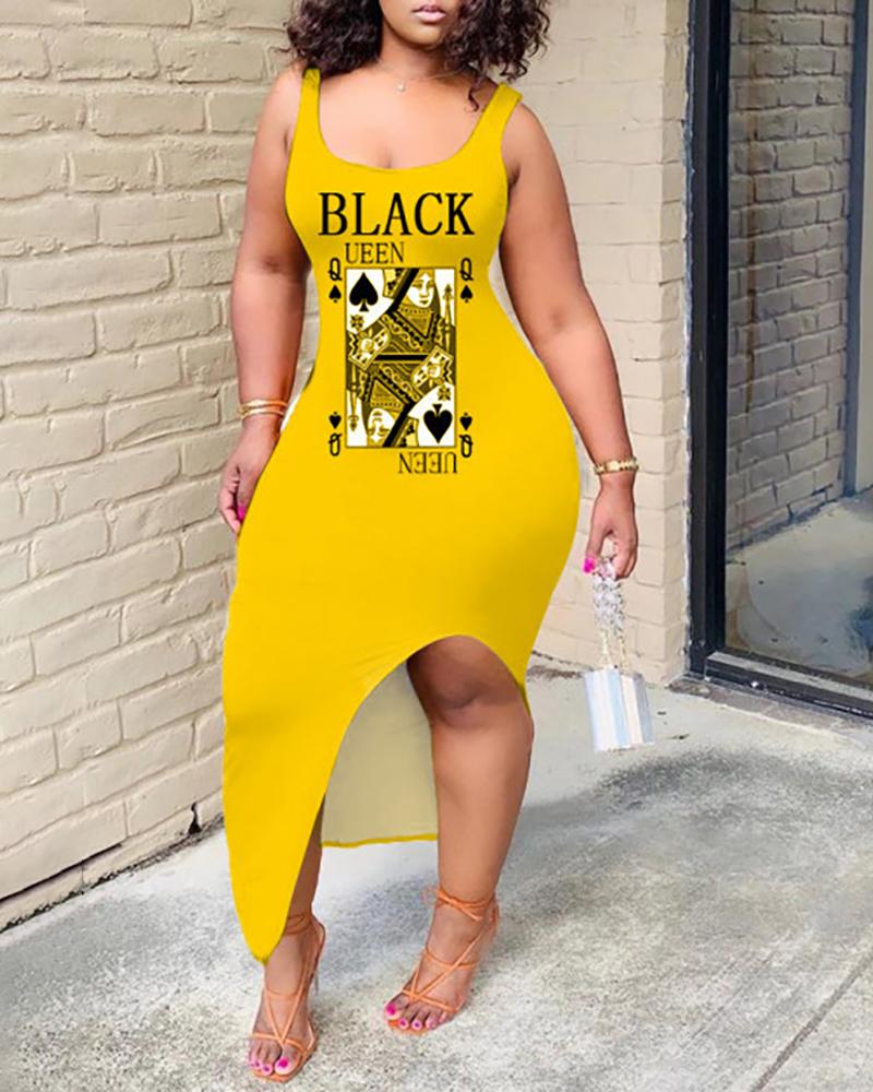 

Plus Size Letter Poker Print Slit Casual Tank Dress, Yellow