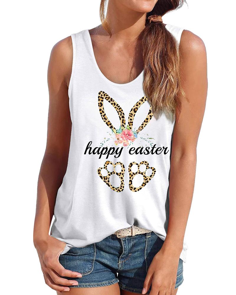 

Happy Easter Bunny Print Graphic Tee Casual Tank Top, White