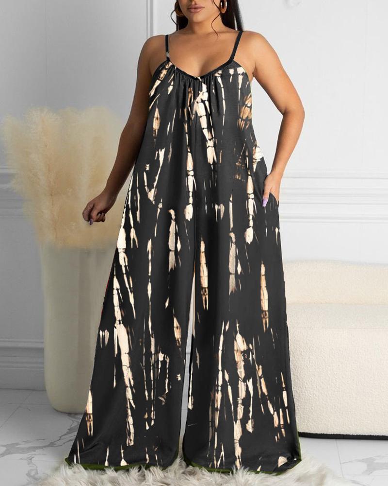 

Tie Dye Print Spaghetti Strap Wide Leg Jumpsuit, Black