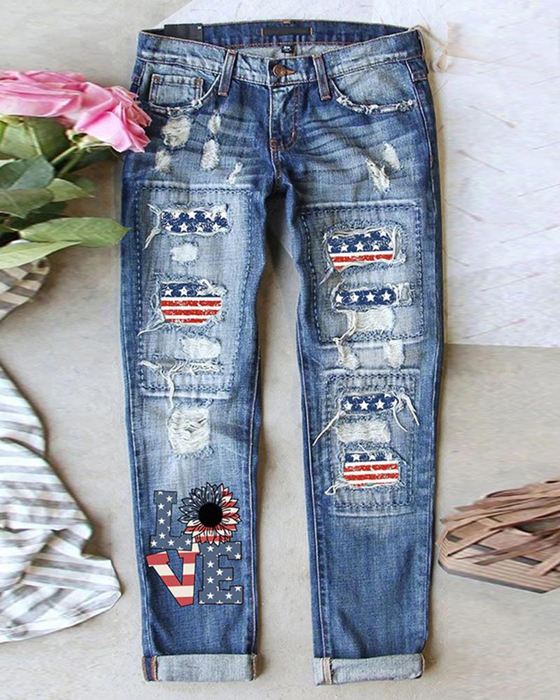 

Independence Day Flag Letter Print Patchwork Pocket Design Jeans, Blue
