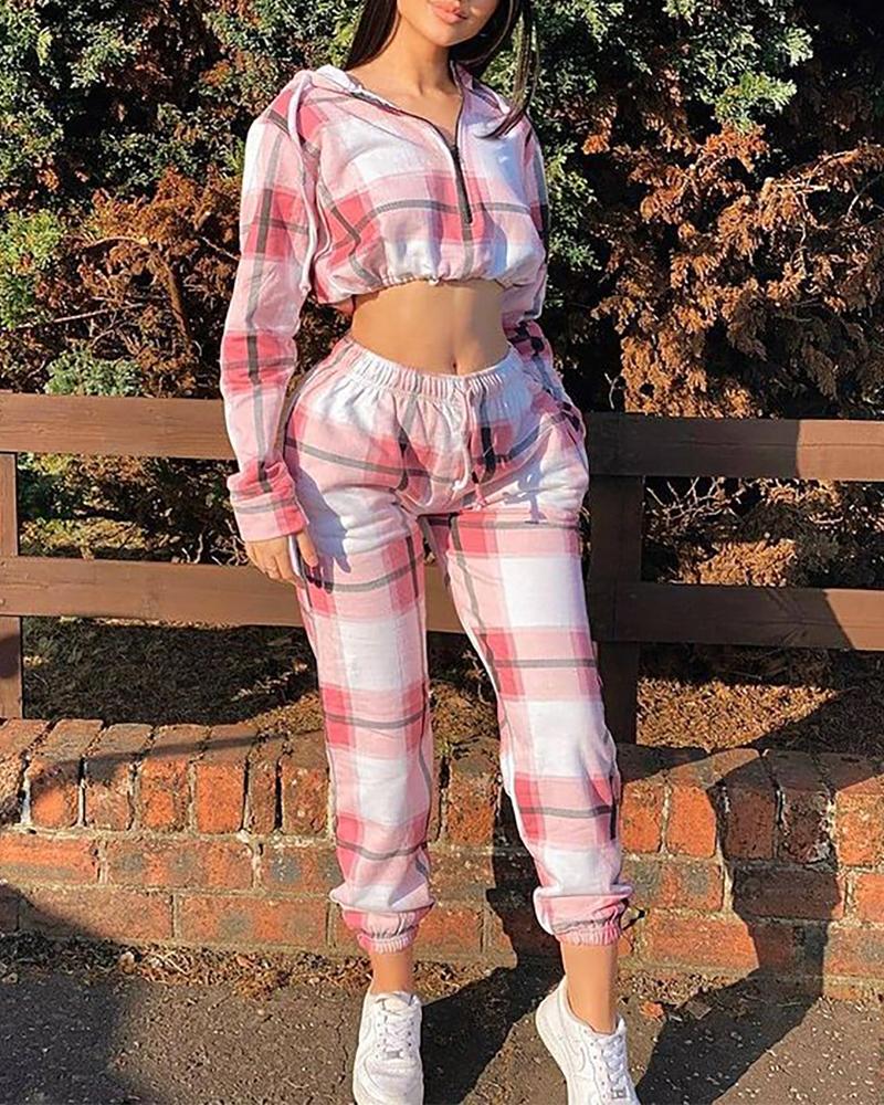 

Plaid Print Hooded Crop Top & Drawstring Pants Set, Pink