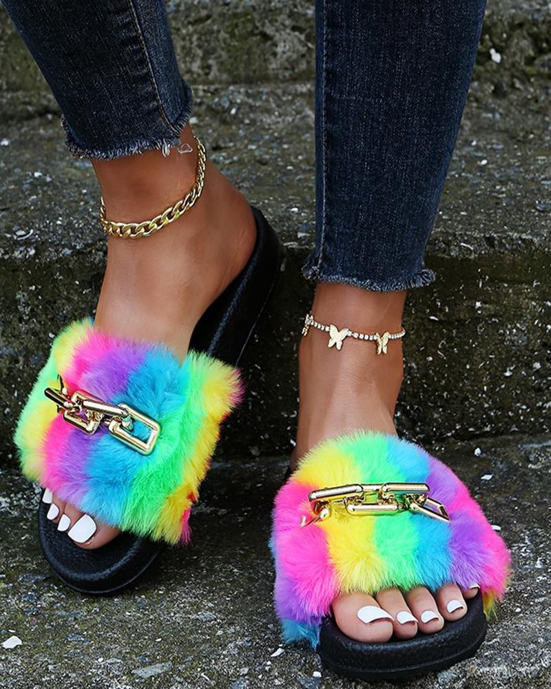 

Multicolor Fluffy Upper Patchwork Open-toe Sandals, Black
