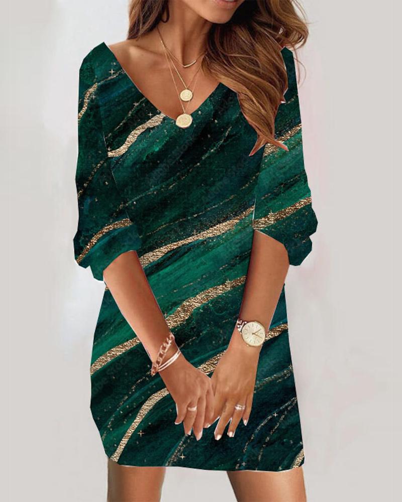 

Marble Print V-Neck Long Sleeve Casual Dress, Green