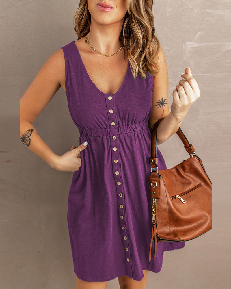 

Button Front Sleeveless V-Neck Casual Dress, Purple