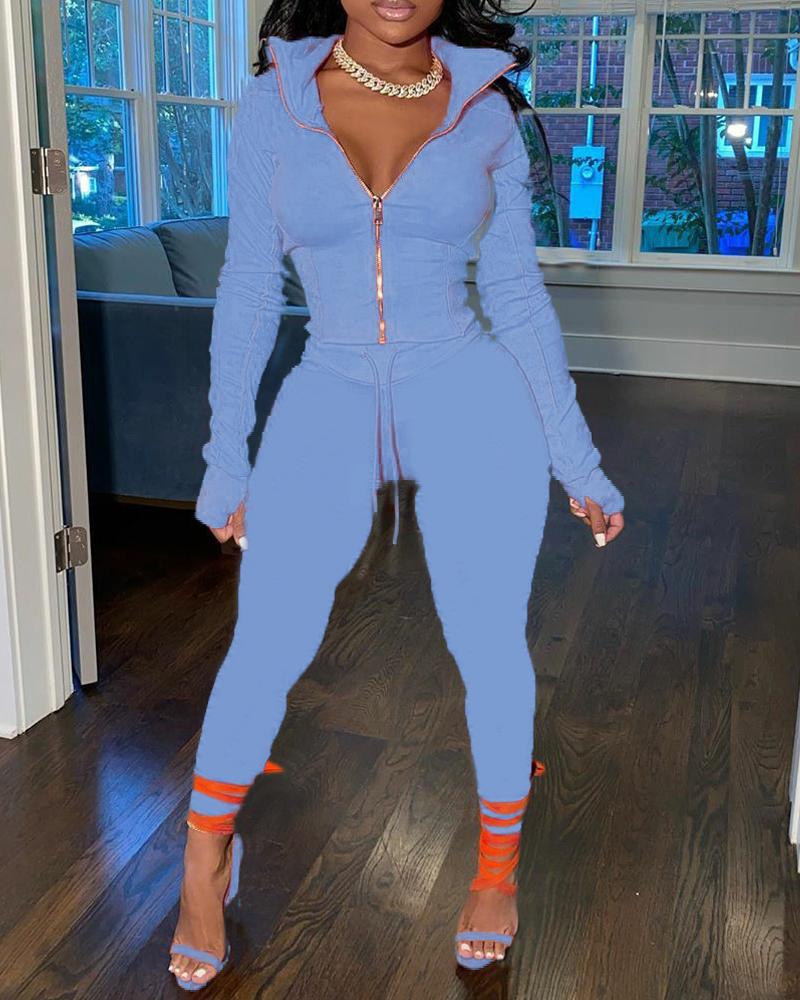 

Long Sleeve Zip Up Top & Drawstring Pants Set, Blue