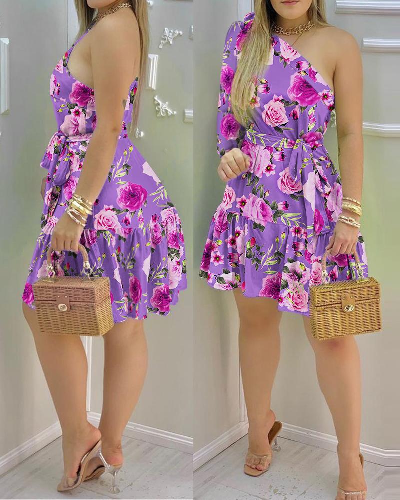 

One Shoulder Ruffle Hem Floral Print Dress, Purple