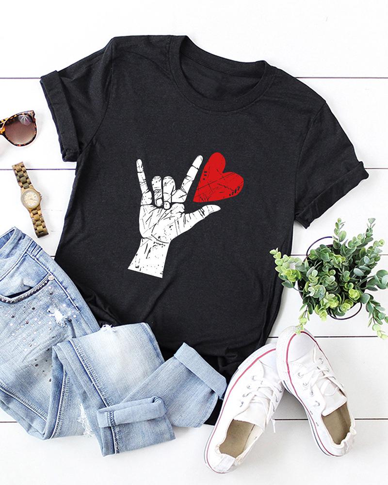 

Valentine' Day Hand Heart Print Short Sleeve T-shirt, Black