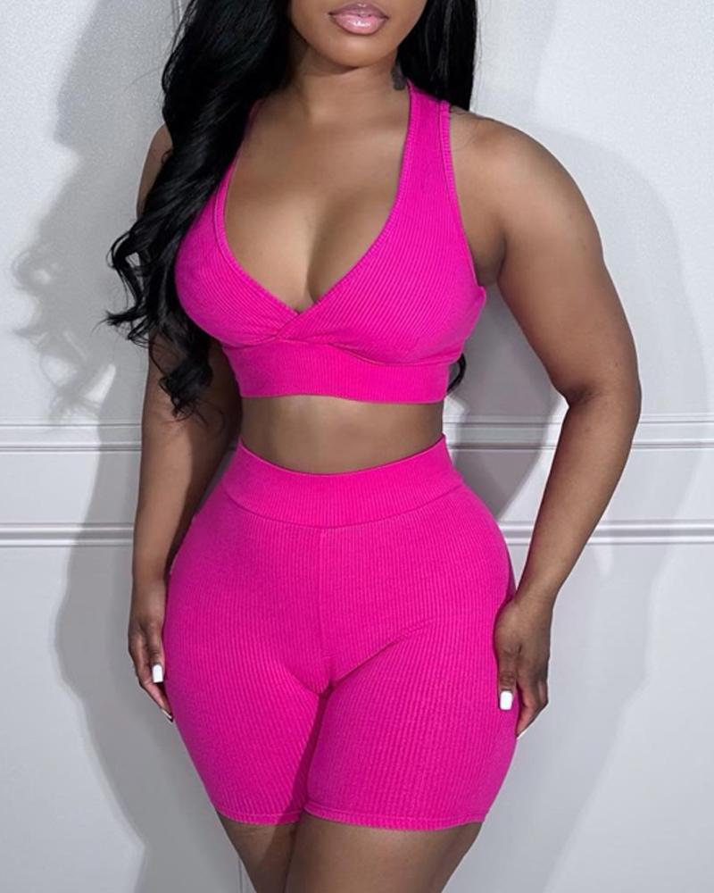 

Crop Tank Top & High Waist Shorts Set, Hot pink