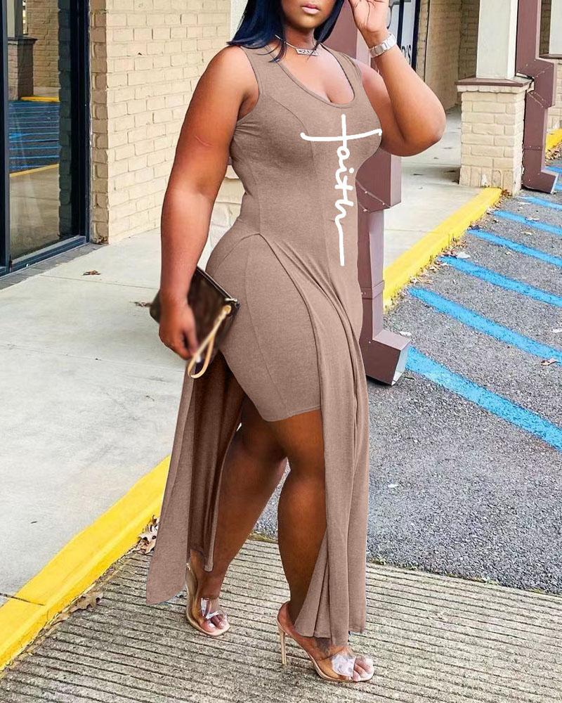

Letter Print Split Side Longline Top & Shorts Set, Khaki