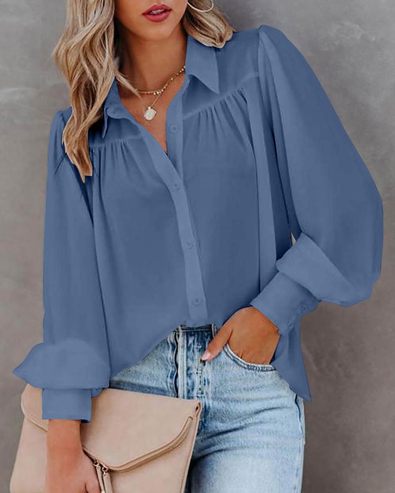 

Lantern Sleeve Ruched Buttoned Shirt, Blue