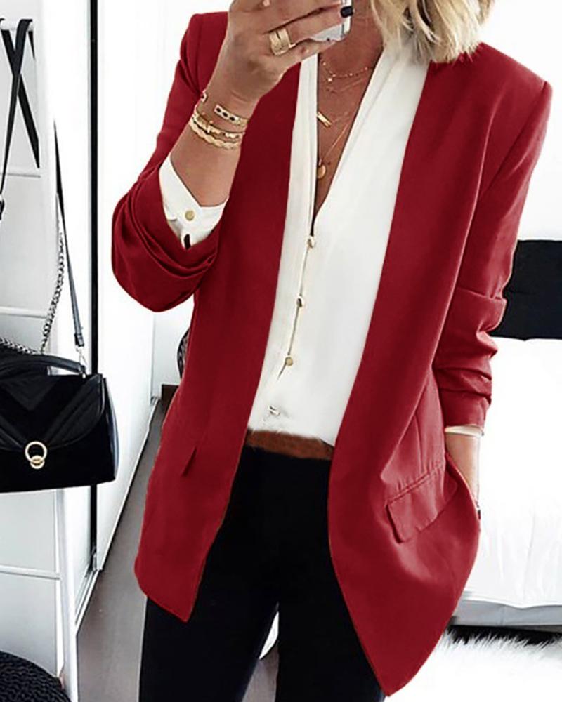 

Solid Long Sleeve Pocket Design Blazer Coat, Red