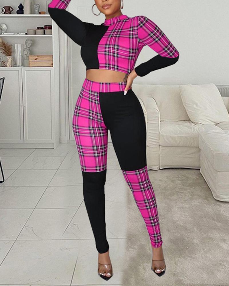 

Colorblock Plaid Crop Tee & Leggings Set, Pink