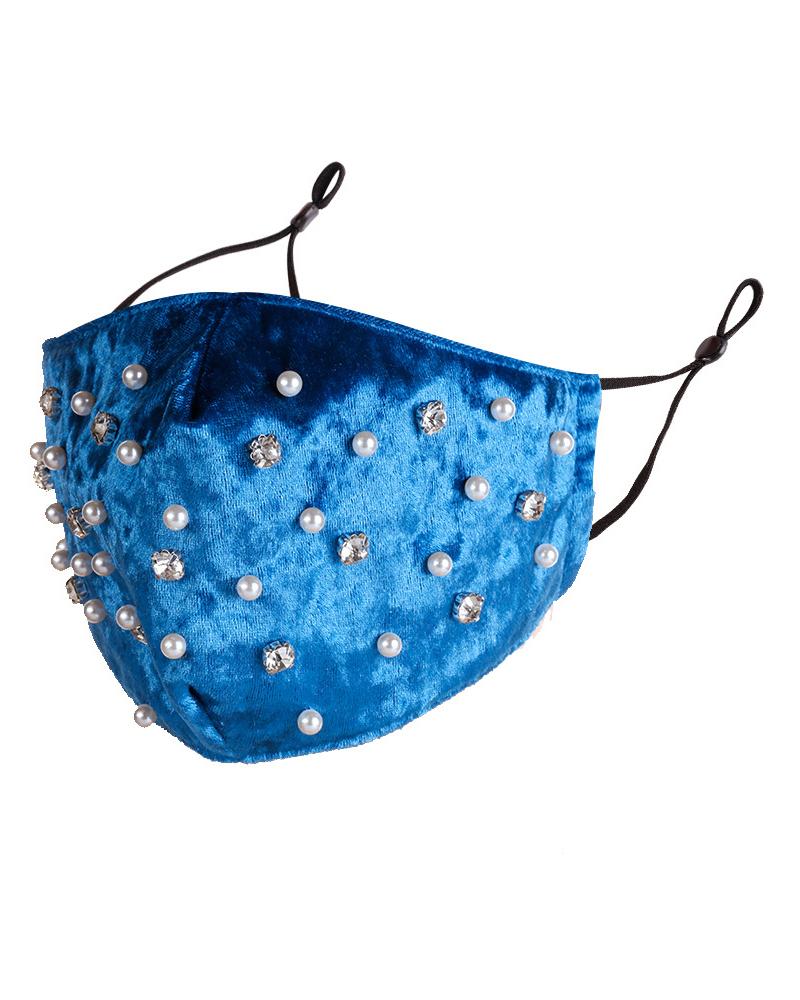 

Studded Beaded Velvet Breathable Face Mask, Blue