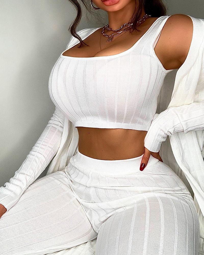 

Ribbed Sleeveless Crop Top & High Waist Pants Set With Cardigan, White
