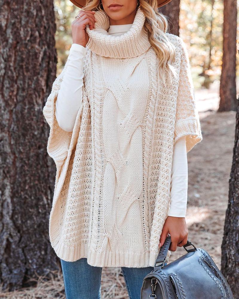 

Cable Knit Slit High Neck Cape Sweater, Apricot