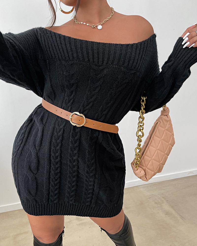 

Plus Size Off Shoulder Cable Knit Sweater Dress, Black