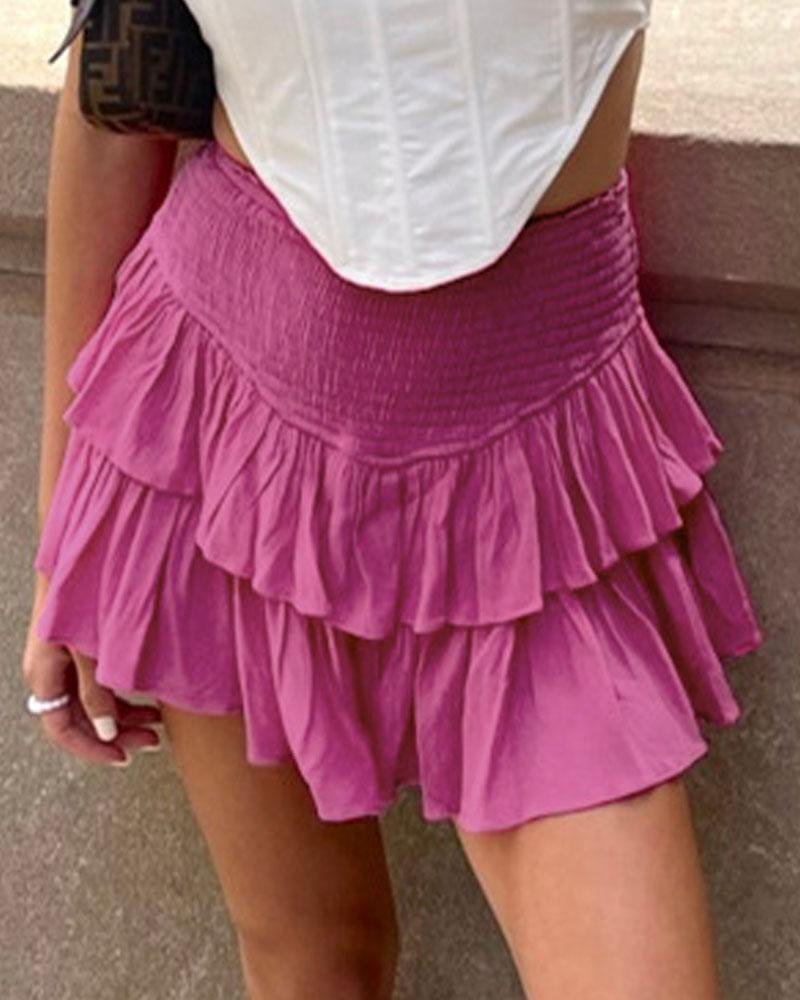 

Shirred High Waist Layered Ruffle Hem Mini Skirt, Pink