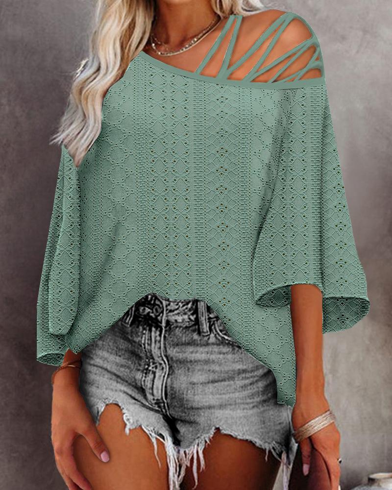

Cold Shoulder Eyelet Embroidery Top, Green