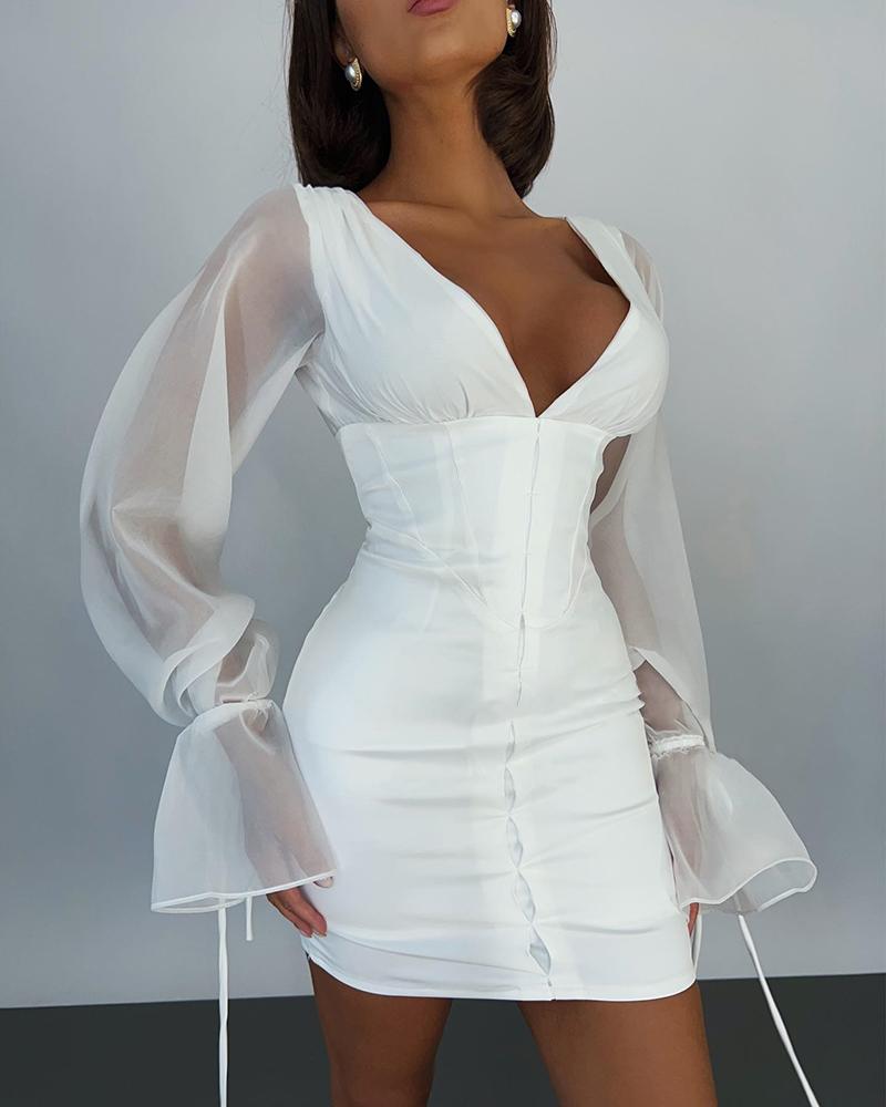 

Bell Sleeve Sheer Mesh Corset Party Dress, White