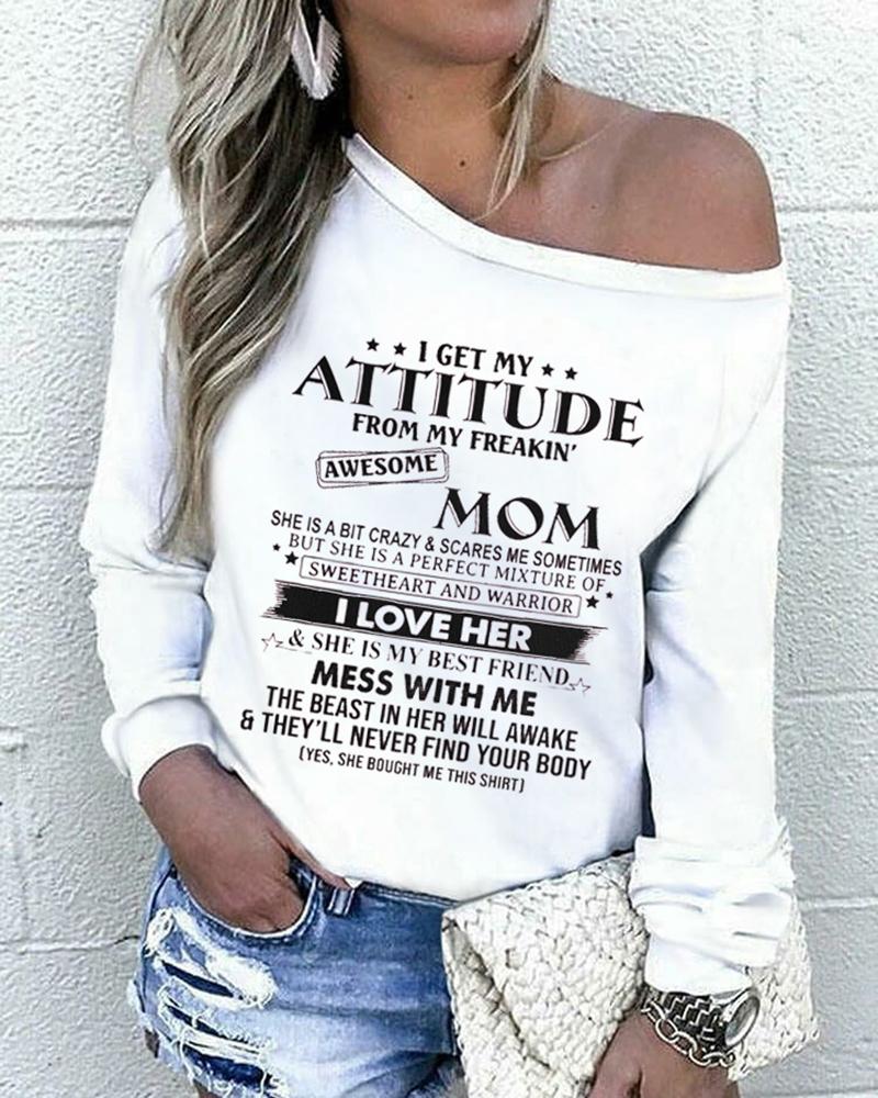 

Mother' Day Letter Print One Shoulder Long Sleeve Casual T-shirt, White