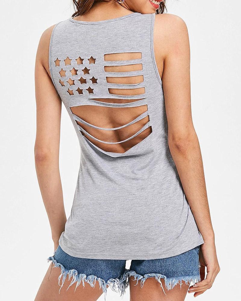 

Star Pattern Cutout Back Casual Tank Top, Gray