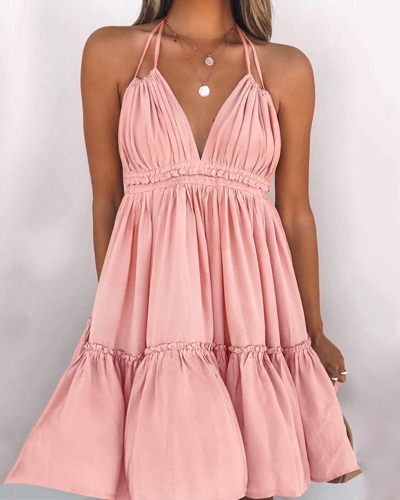 

Halter Frill Hem Ruched Casual Dress, Pink