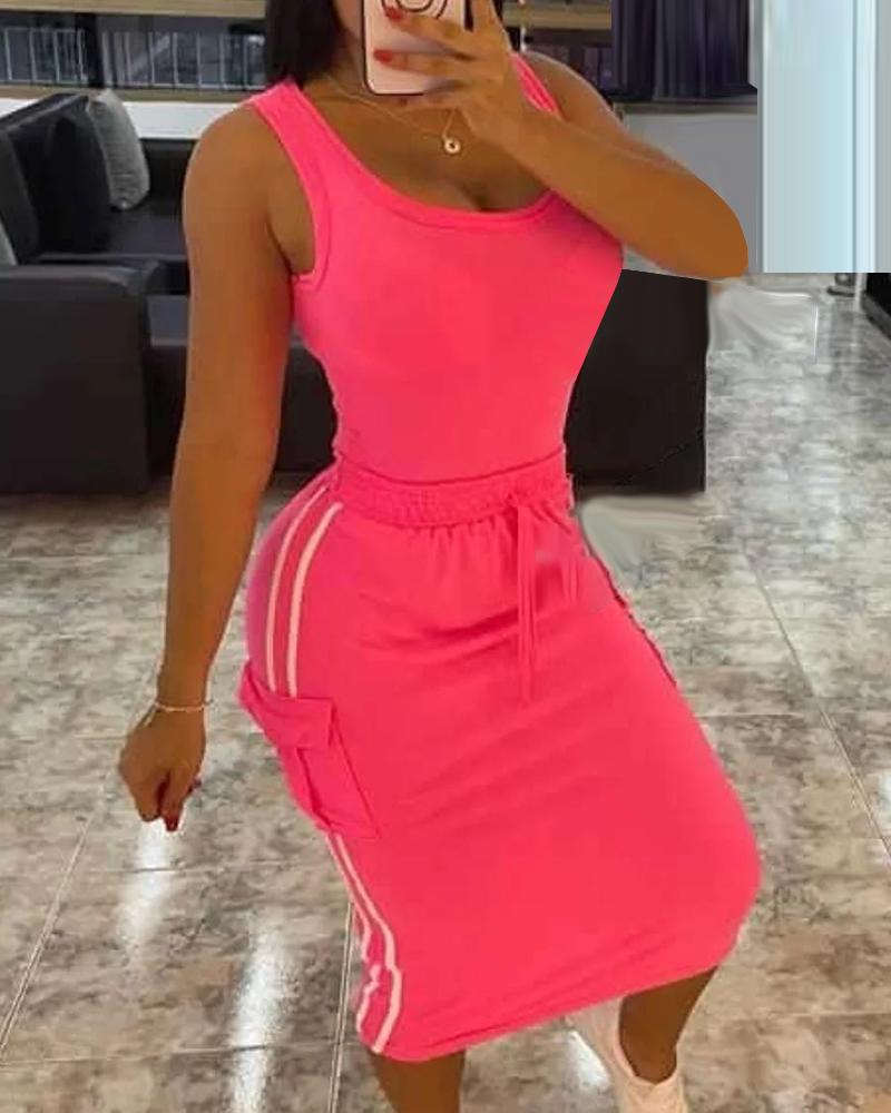 

U-Neck Tank Top & Striped Drawstring Skirt Set, Hot pink