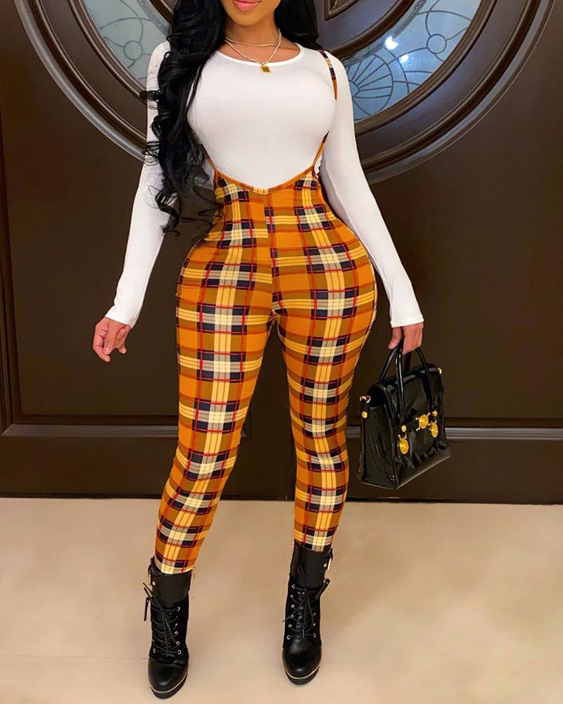

Plaid Print Long Suspender Pants, Yellow