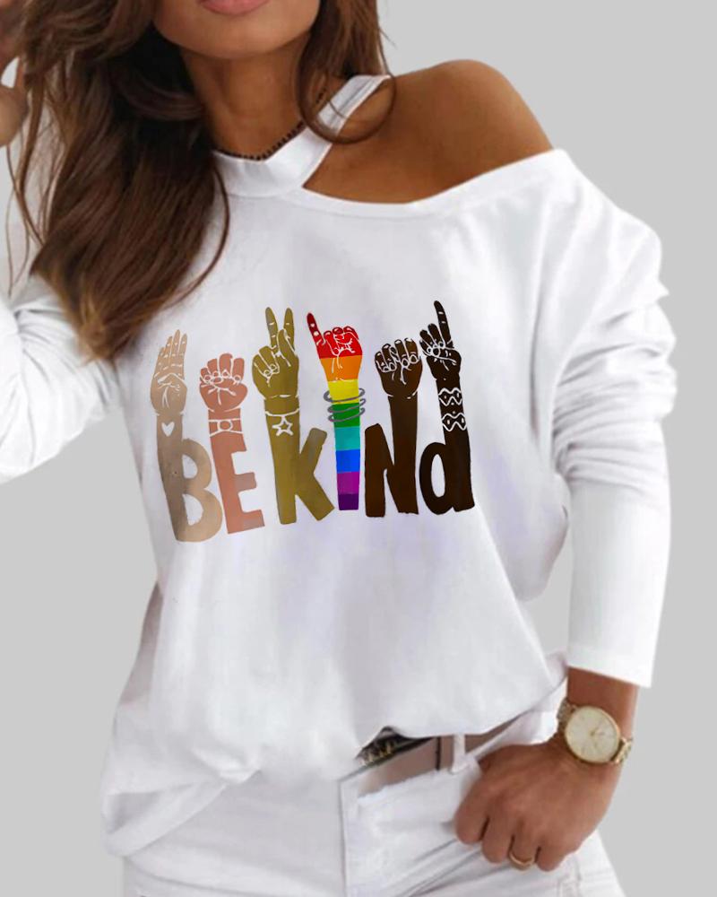 

Letter Print One Shoulder Long Sleeve Top, White