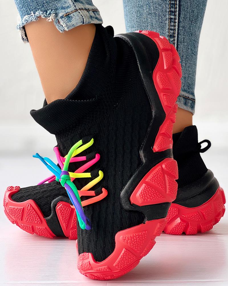

Colorblock Breathable Lace-up Platform Casual Sneakers, Black&red