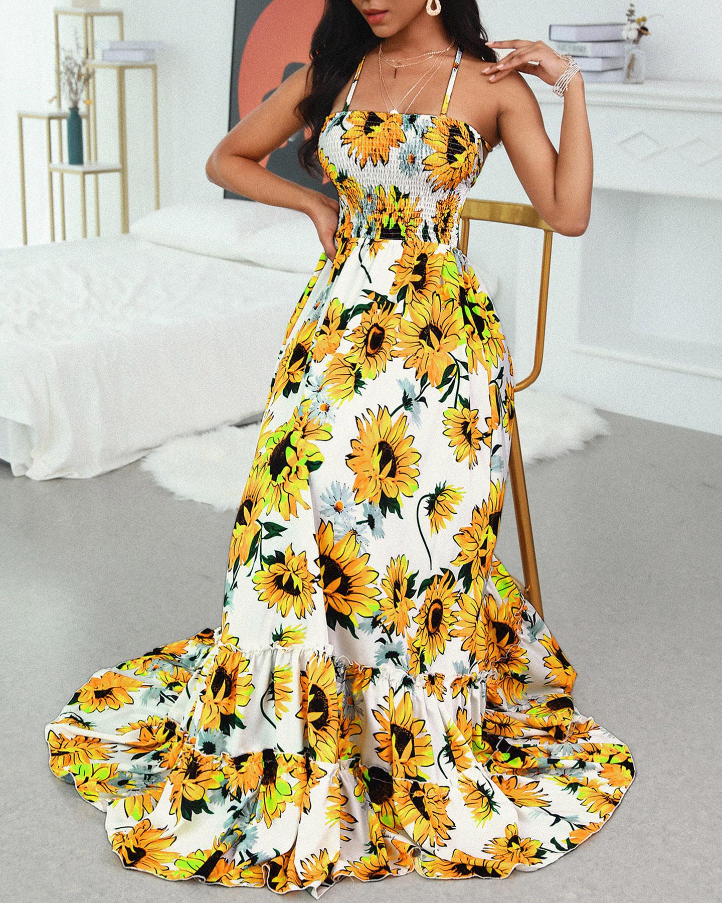 

Open Back Print Bandage Maxi Dress, Yellow