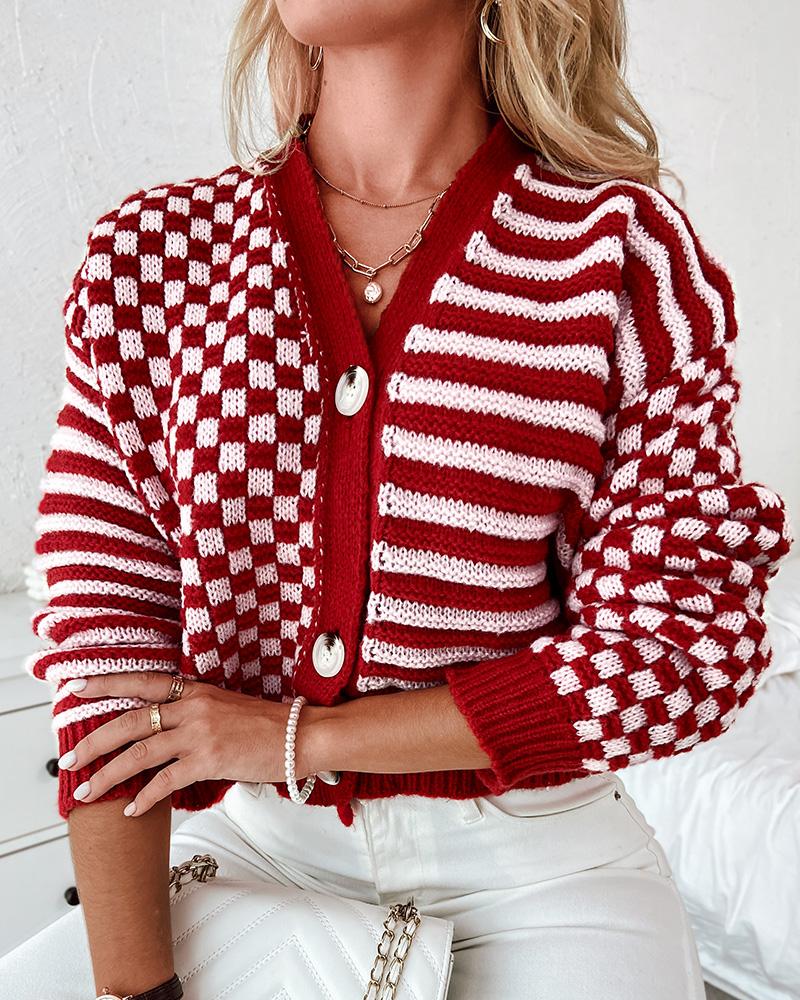 

Striped Plaid Pattern Buttoned Cardigan, Red