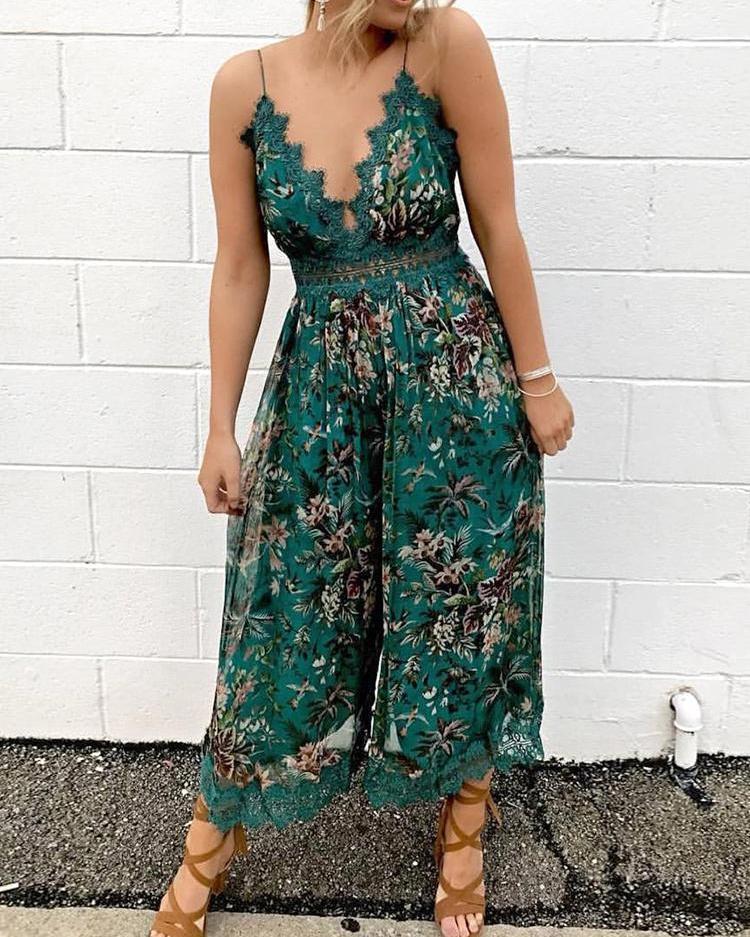 

Floral Print Guipure Lace Detail Wide Leg Jumpsuits, Green
