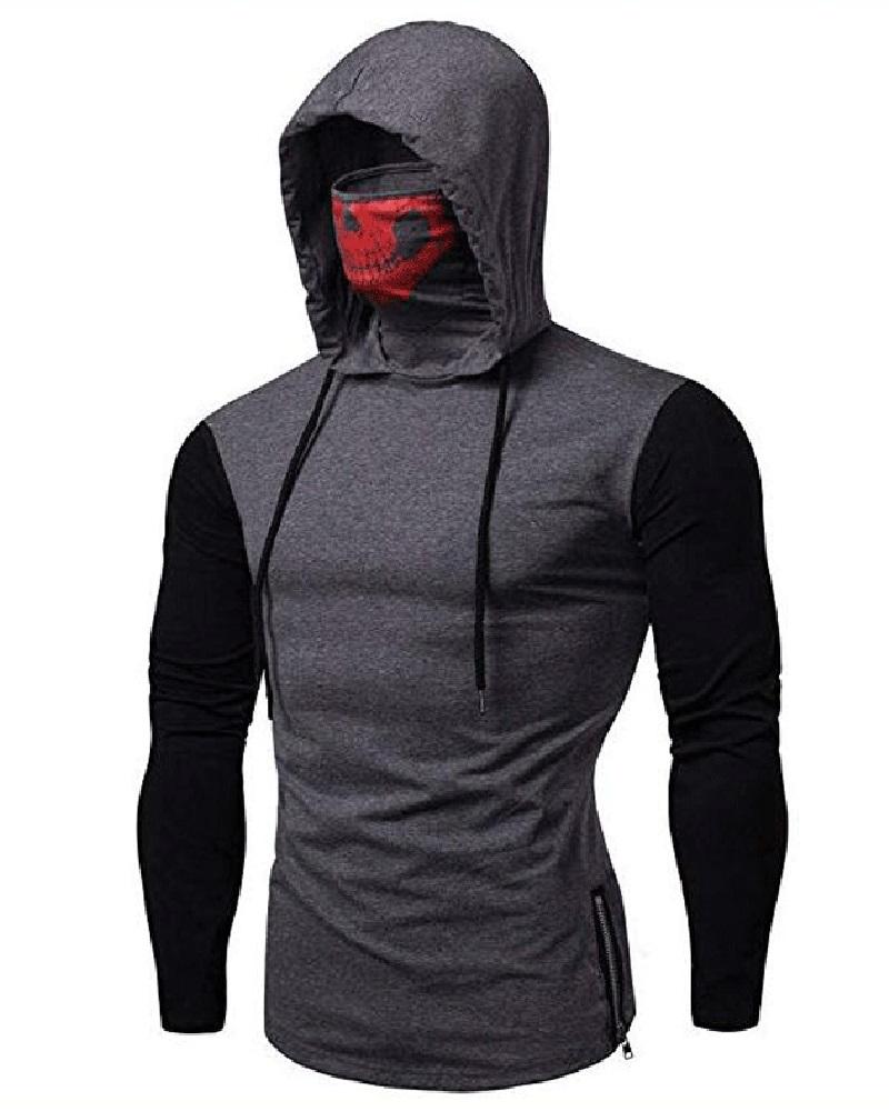 

Men Skull Print Turtleneck Zipper Detail Hoodie, Gray