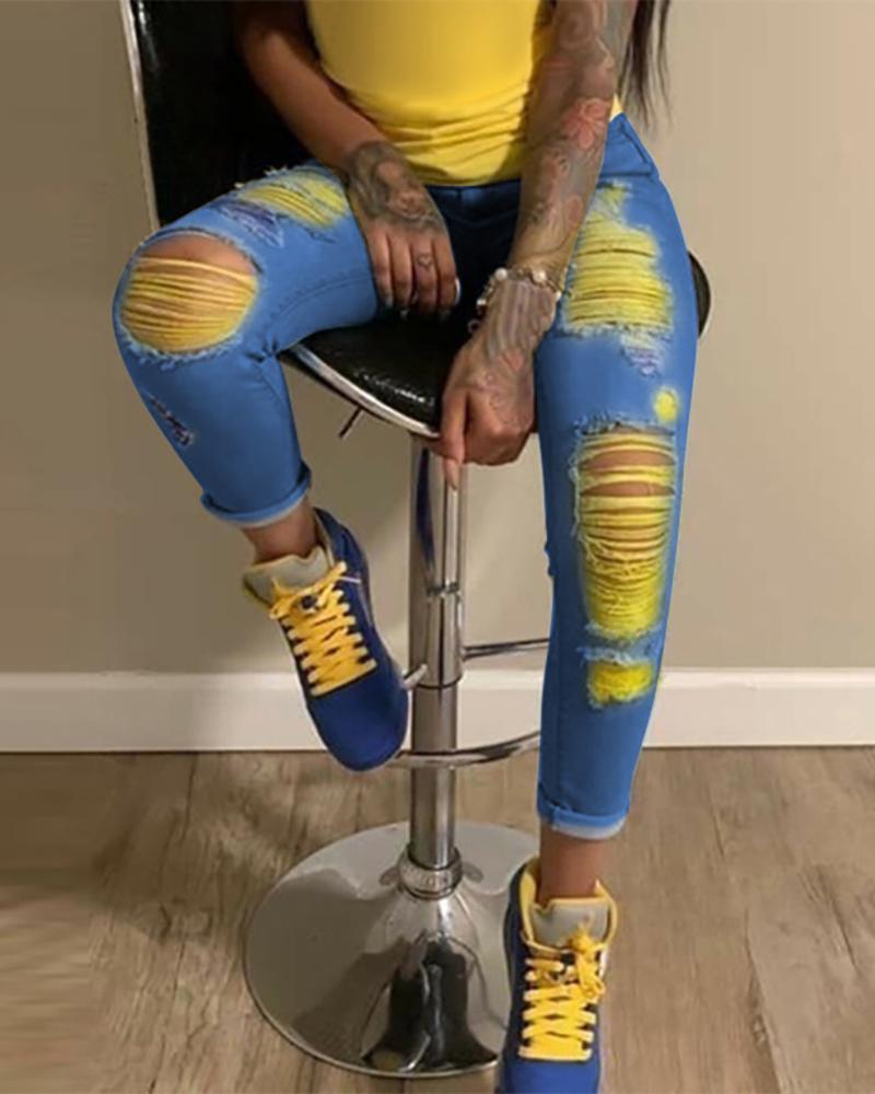 

Colorblock Distressed Cutout Denim Pants, Yellow