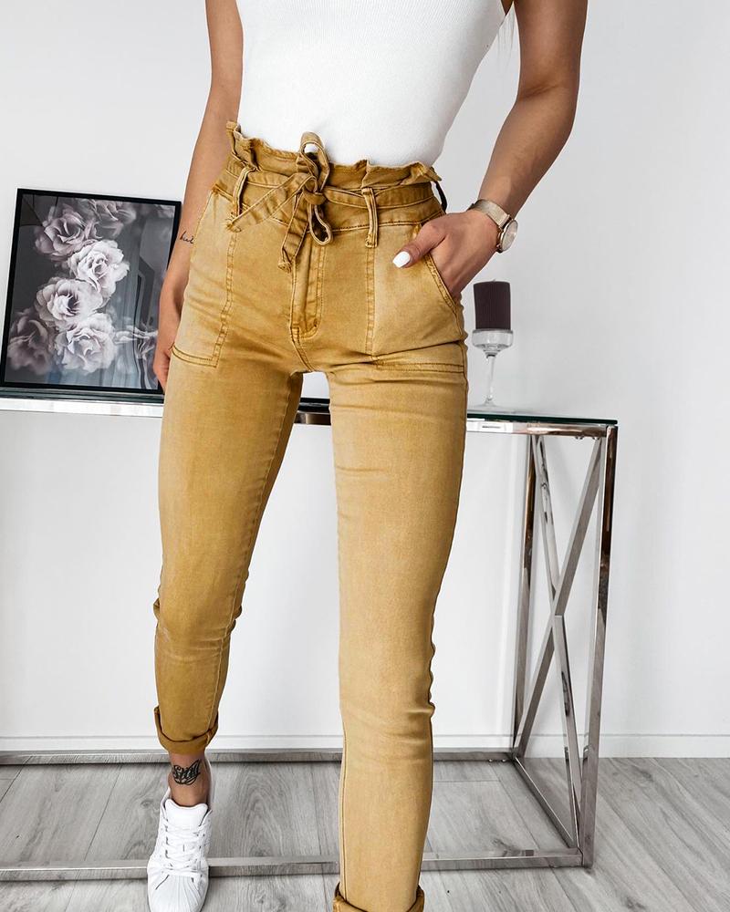 

Paper Bag Waist Pocket Detail Self Tie Skinny Pants, Khaki