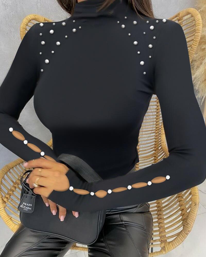 

Beaded Decor Hollow Out Long Sleeve Top, Black