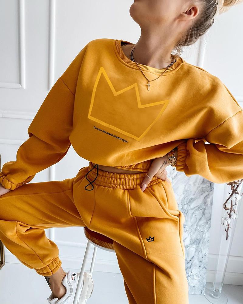 

Long Sleeve Crown Pattern Letter Print Sweatshirt & Pants Set, Yellow