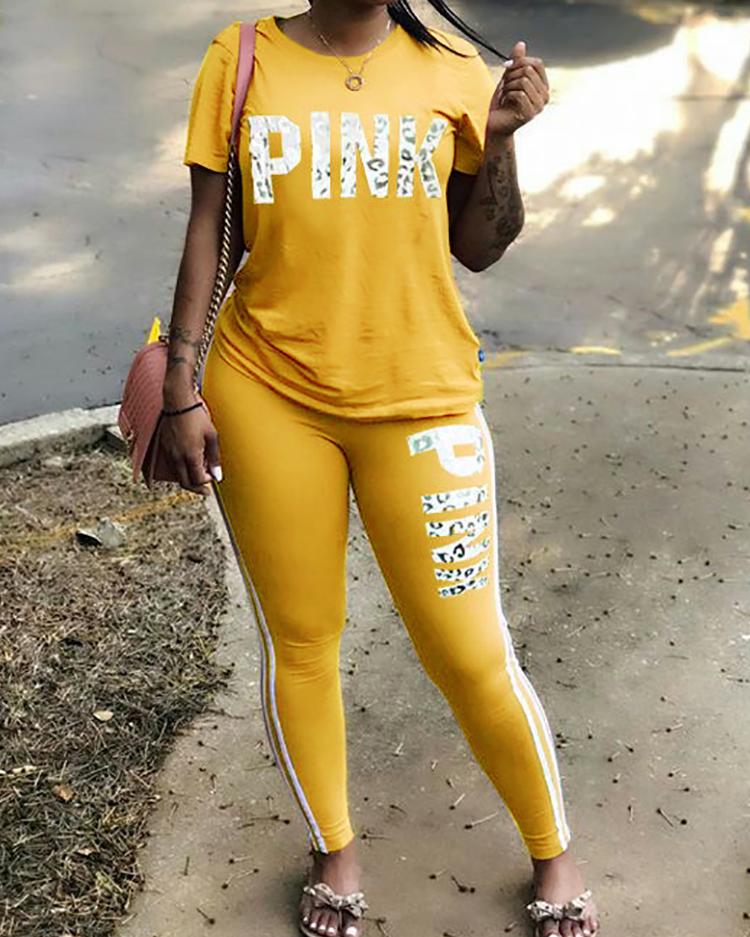 

Fashion Striped Letter Print T-shirt & Pants Set, Yellow