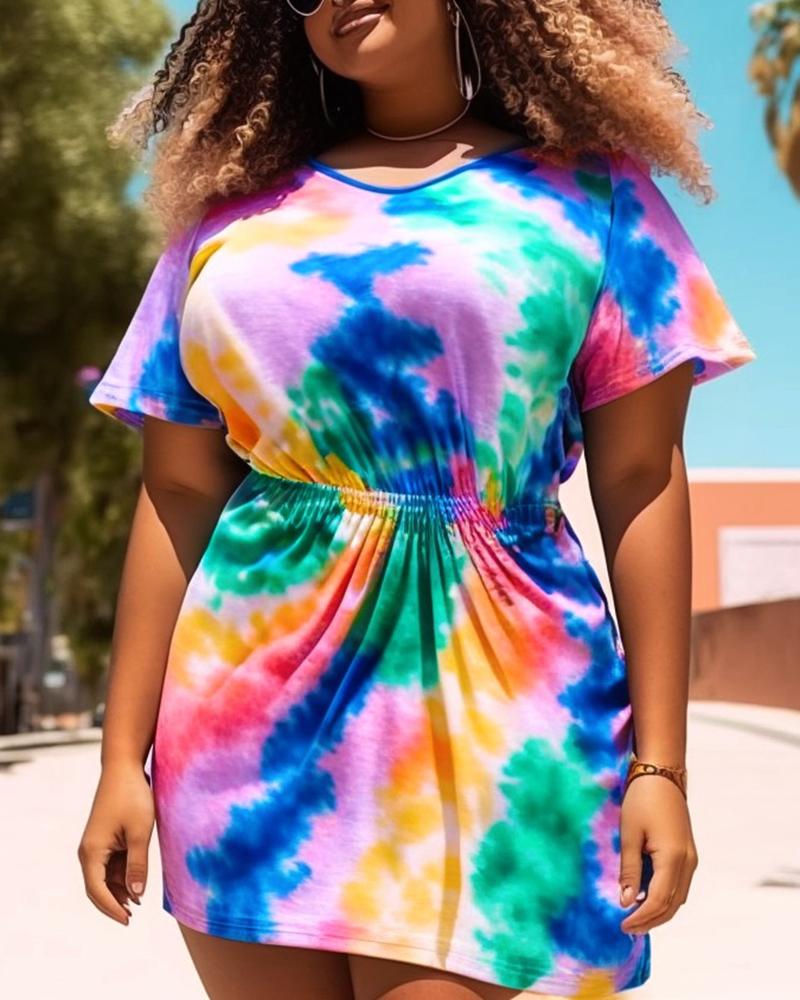

Tie Dye Print Ruched V-Neck Casual Dress, Multicolor
