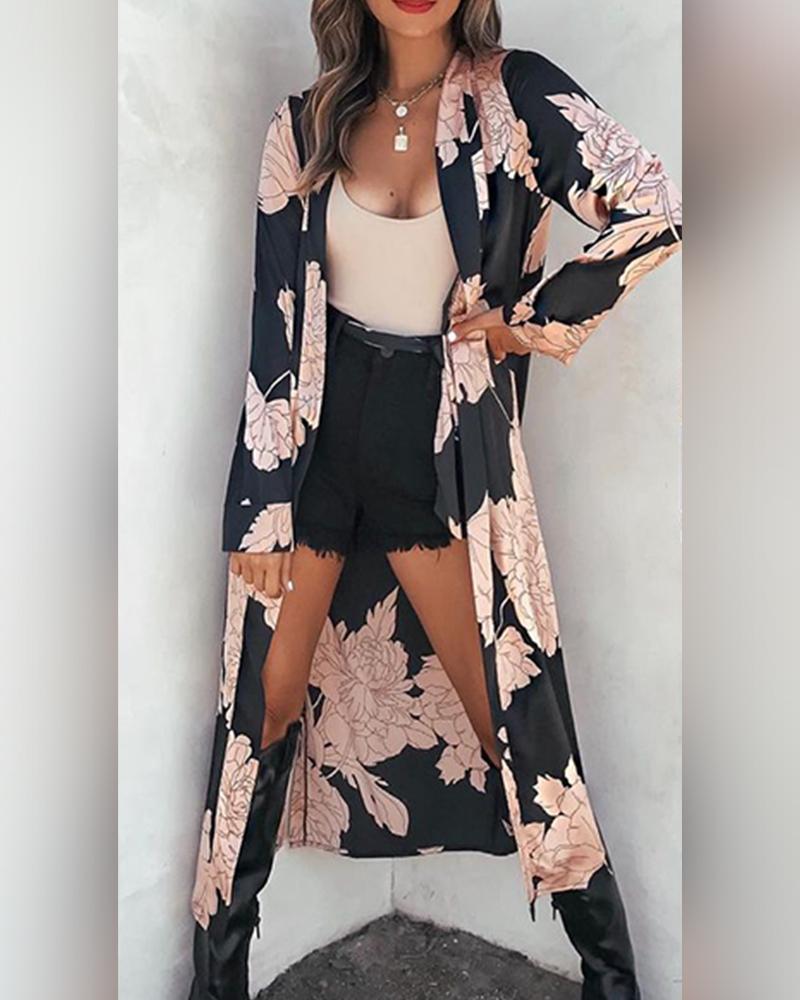 

Floral Print Long Sleeve Long Shirt, Black
