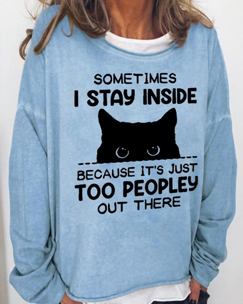 

Letter Cat Print Long Sleeve Casual Top, Lighted blue