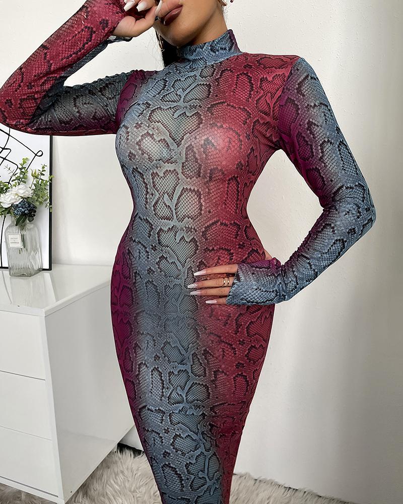 

Long Sleeve Snakeskin Print Colorblock Bodycon Dress, Multicolor
