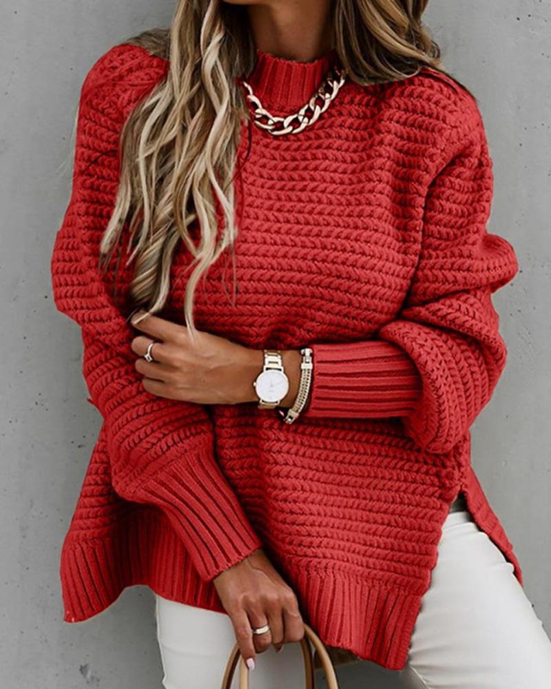 

Long Sleeve Mock Neck Split Hem Sweater, Red