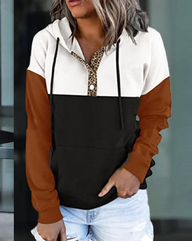 

Color Block Long Sleeve Button Front Drawstring Hoodie, Red
